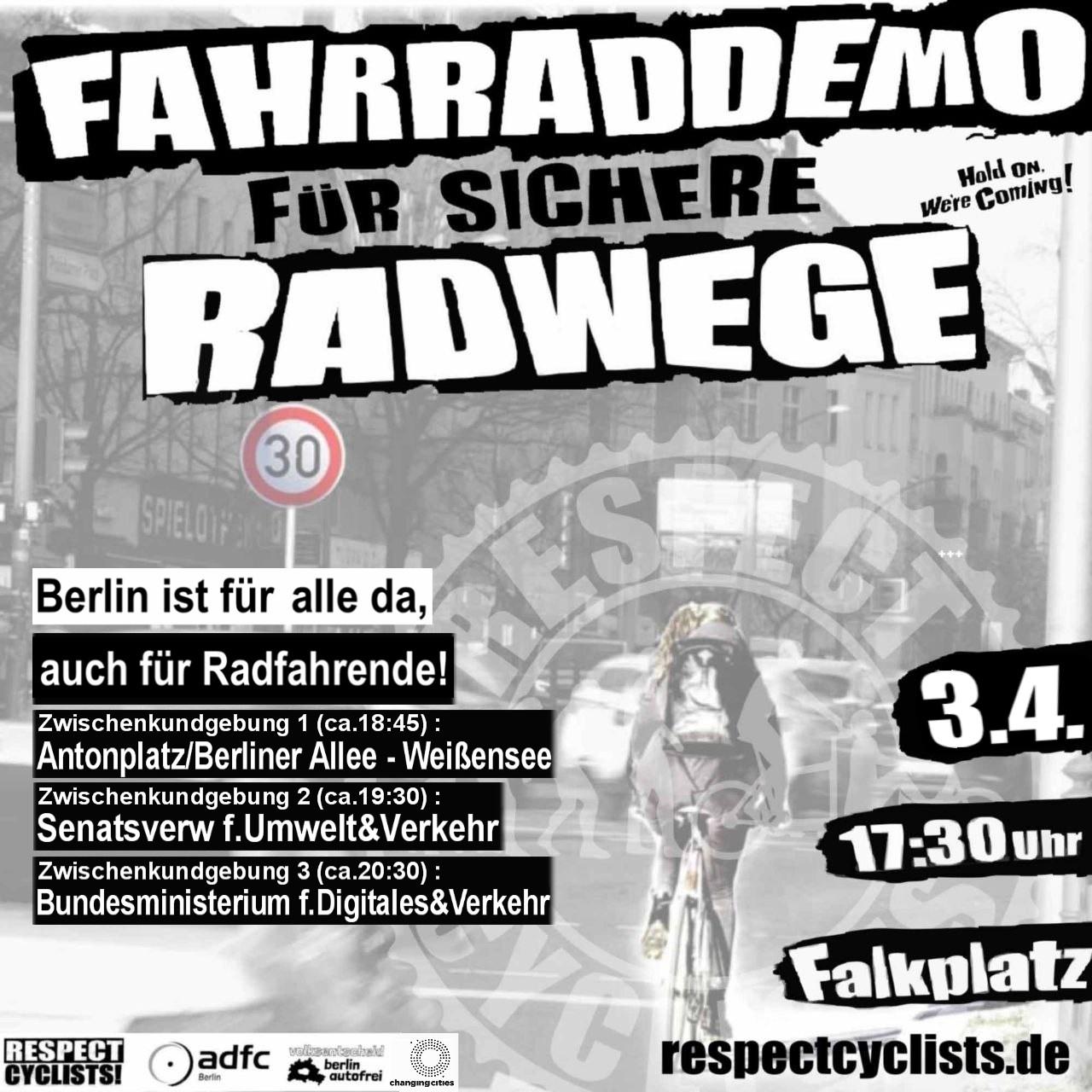 Bild Radfahrende im Autogewimmel als Aufruf zur Respectcyclists Fahrraddemo am Mittwoch  3. April